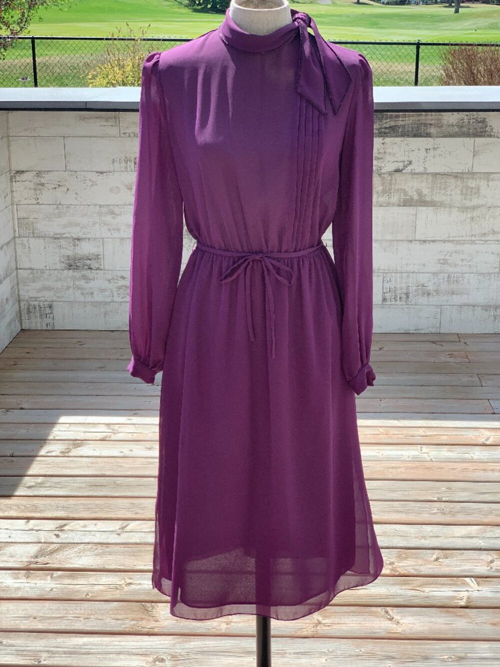 Vintage 70s Secretary Midi Dress Purple Sheer Chiffon Handmade Retro Neck Tie
